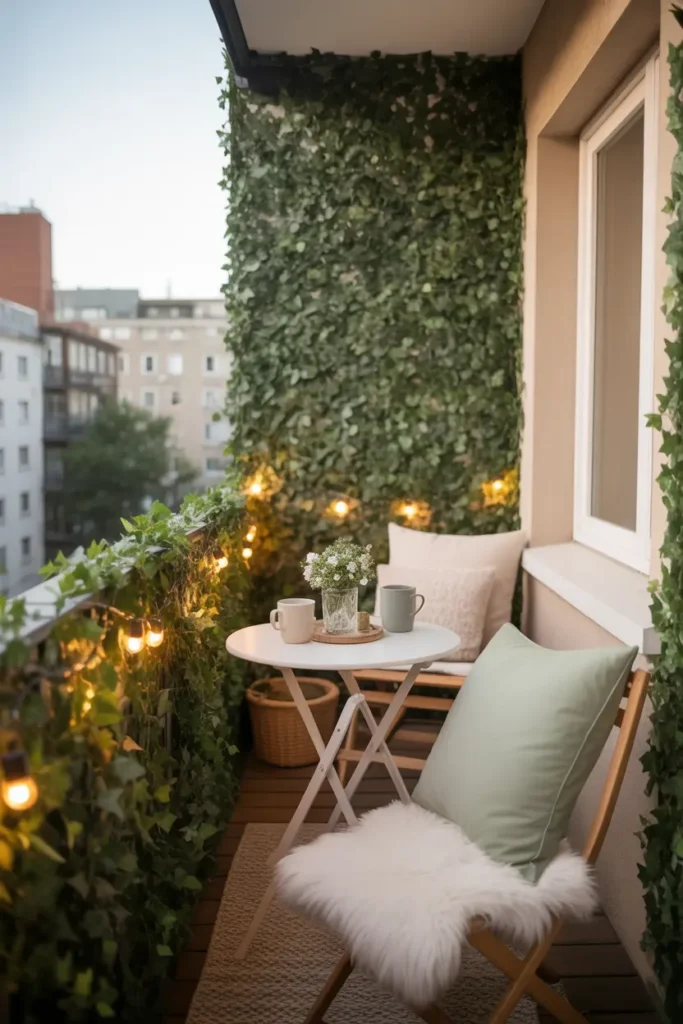 apartment balcony with faux ivy wall covering railing and one side panel, tiny white bistro table, soft sage and cream seat cushions, string lights glowing gently, textured rug, ceramic mugs, cozy evening light, feminine garden-inspired styling, layered greenery, apartment city setting in background, intimate and private outdoor nook, natural-looking materials, warm soft shadows, realistic home decor atmosphere with calm romantic mood