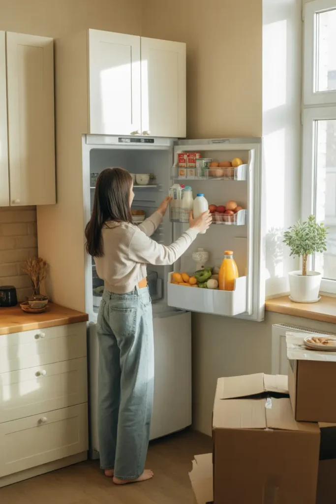 Bright Pinterest style apartment kitchen with soft natural sunlight coming through window, woman placing simple groceries like milk, eggs, fruit, and juice into a clean white fridge, wooden countertops, neutral cabinets, small indoor plant near window, moving boxes still in corner, cozy lifestyle photography with warm homey feeling.