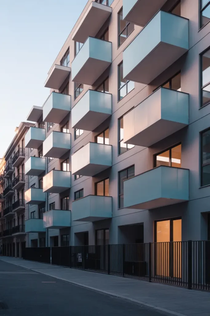 Modern urban apartment building with box shaped balconies that appear to float from the facade, soft white and light grey exterior walls, matte black railings, warm indoor lighting visible through tall windows, quiet city street scene during golden hour, realistic Pinterest style architecture photography with clean lines and soft shadows creating calm urban mood.