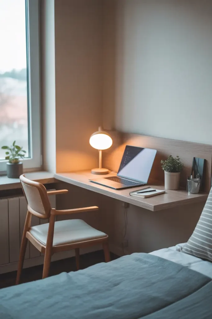 Modern Pinterest-style studio apartment workspace with floating desk mounted to wall, slim wooden surface with laptop, small desk lamp, notebook and plant, comfortable chair tucked neatly underneath, soft natural daylight from nearby window, light neutral wall colors, calm organized small apartment workspace aesthetic.