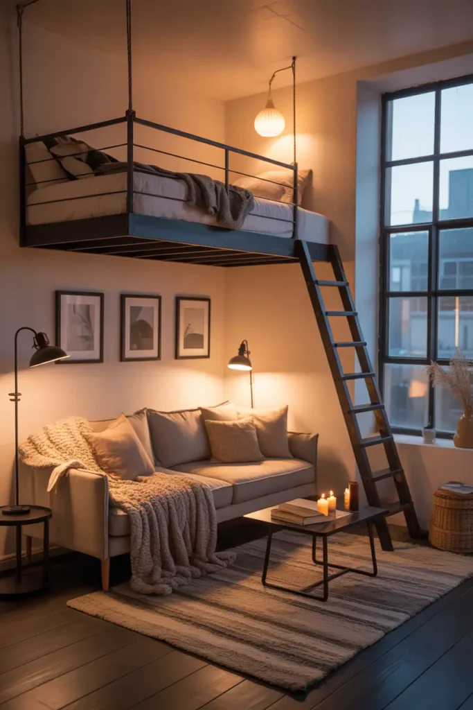 Small loft apartment interior with floating loft bed above cozy living space, soft neutral color palette, warm wood ladder, compact sofa with textured cushions, knit throw blanket, natural light from tall industrial windows, warm evening lighting, layered rugs, tiny coffee table with books and candles, Pinterest style cozy loft apartment scene, soft shadows, calm and inviting atmosphere, realistic interior photography.