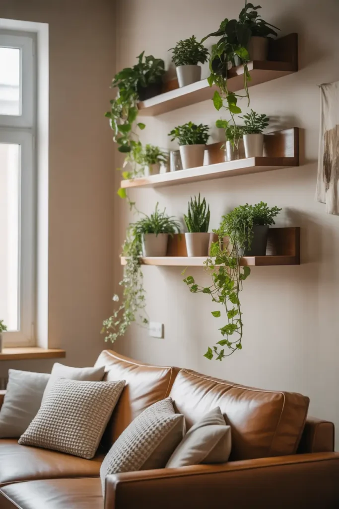 Minimalist apartment living room wall with floating wooden shelves holding small potted plants, trailing vines spilling gently over the edges, neutral beige wall, soft natural light from a nearby window, cozy modern sofa below, textured throw pillows, Pinterest-style interior design photography, calm atmosphere with natural greenery and warm tones.