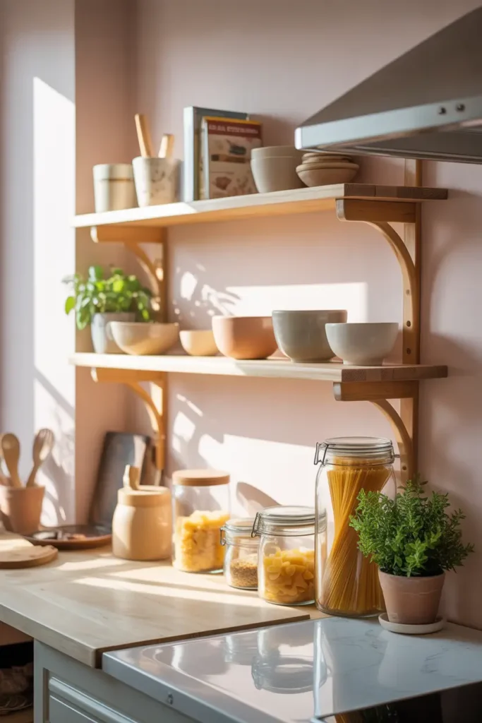 Realistic Pinterest-style apartment kitchen scene featuring light wooden floating shelves mounted on a soft white wall, small ceramic bowls, glass jars with pasta and grains, tiny potted herbs, warm morning sunlight entering from a nearby window, neutral color palette, cozy minimalist styling, marble countertop below shelves, soft shadows, bright airy apartment atmosphere with clean organization and natural textures.