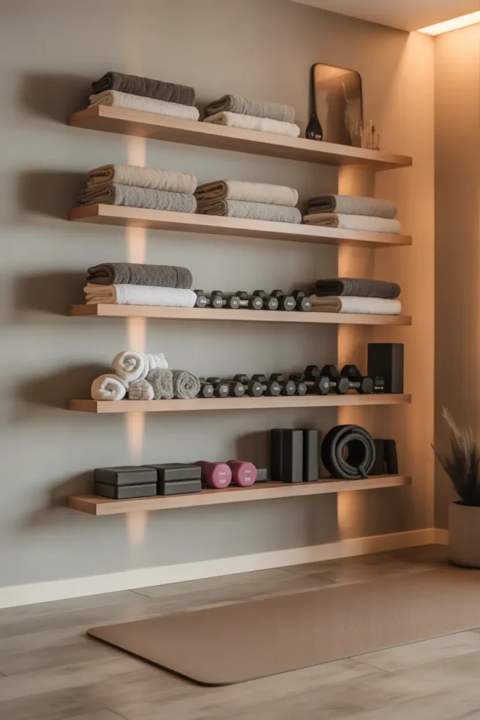 modern apartment gym wall with floating wooden shelves holding neatly folded towels, small dumbbells, yoga blocks and resistance bands, neutral mat on light wood floor beneath shelves, soft warm lighting, stylish minimal apartment interior with calm color palette, cozy organized fitness corner blending wellness and home decor, Pinterest style interior photography with inviting atmosphere.