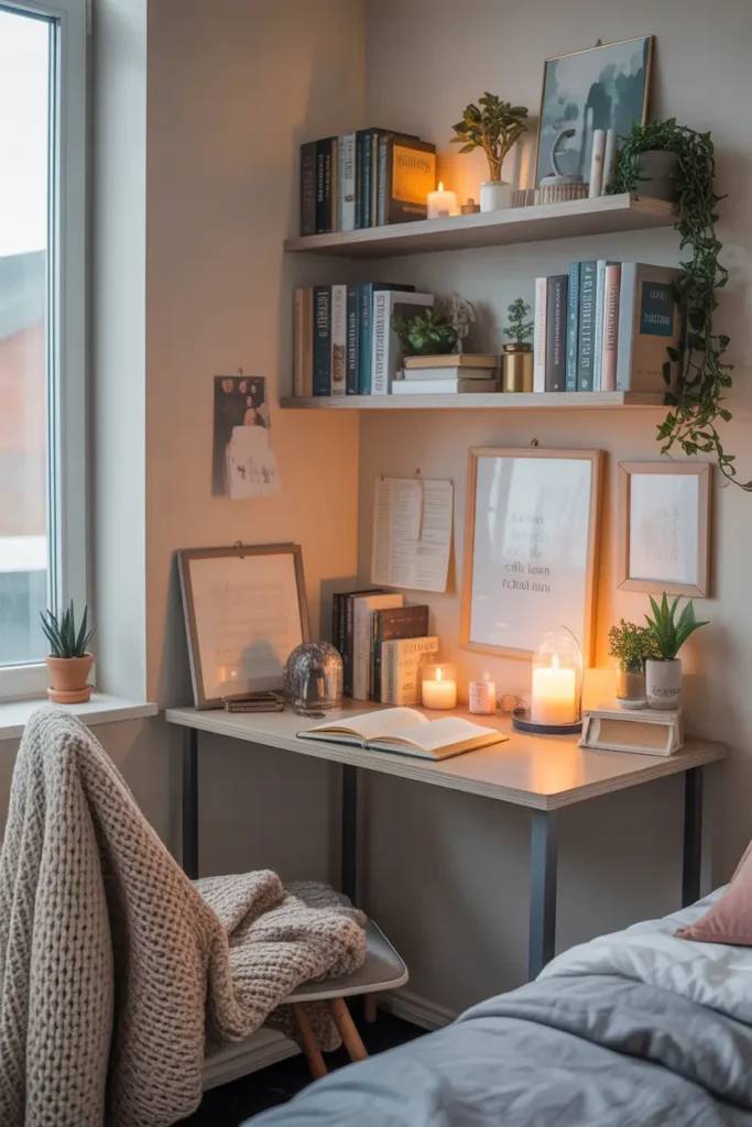 Small dorm desk placed against wall with floating wooden shelves above it, stacked books, candles, mini plants, framed art prints, neutral bedding nearby, cozy knit throw blanket on chair, warm natural daylight coming through window, clean Pinterest style dorm decor with soft colors and organized study area creating calm and pretty atmosphere.