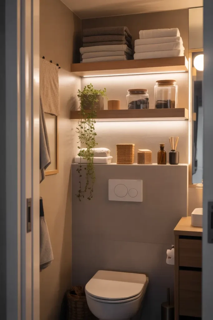 Modern apartment bathroom featuring floating wooden shelves above toilet, neatly arranged towels, glass storage jars, small trailing plant, warm diffused lighting, neutral wall tones, minimal modern decor, cozy lived-in feeling, realistic Pinterest interior photography, soft textures, organized styling, balanced composition with airy atmosphere and natural materials.