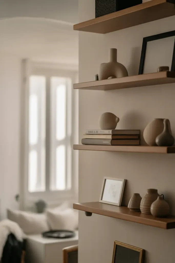 Minimalist apartment wall with floating wooden shelves, neutral ceramic decor pieces, stacked books, small framed artwork, soft diffused daylight entering through nearby window, warm white walls, Scandinavian interior styling, clean composition, realistic Pinterest home decor photography, cozy modern apartment atmosphere with gentle shadows and natural textures.
