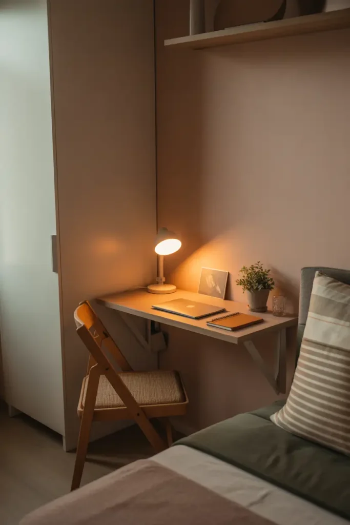 Micro studio apartment with small floating wooden desk attached to wall, cozy chair tucked underneath, warm desk lamp glowing softly, minimal notebook and laptop on surface, small plant placed nearby, soft neutral walls, natural sunlight from nearby window illuminating tiny work corner in cozy Pinterest-style apartment interior.