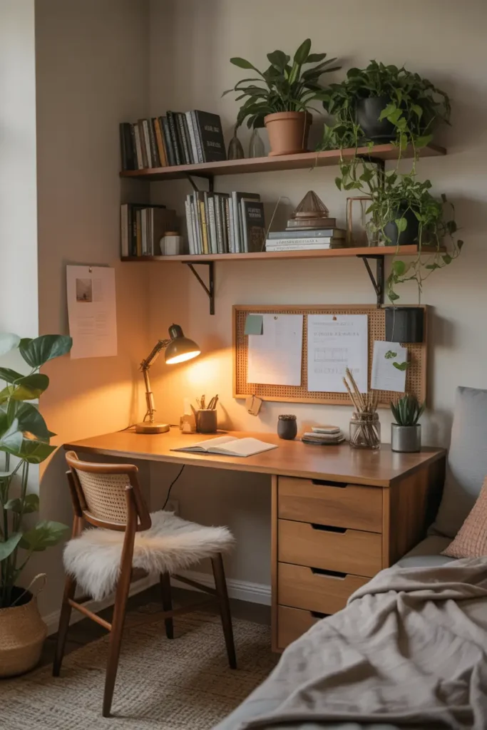 Pinterest-style small apartment workspace with wooden desk, floating shelves above desk filled with books and plants, warm desk lamp glow, neutral walls, cozy chair with soft cushion, natural textures, soft evening lighting, calm organized creative workspace corner.