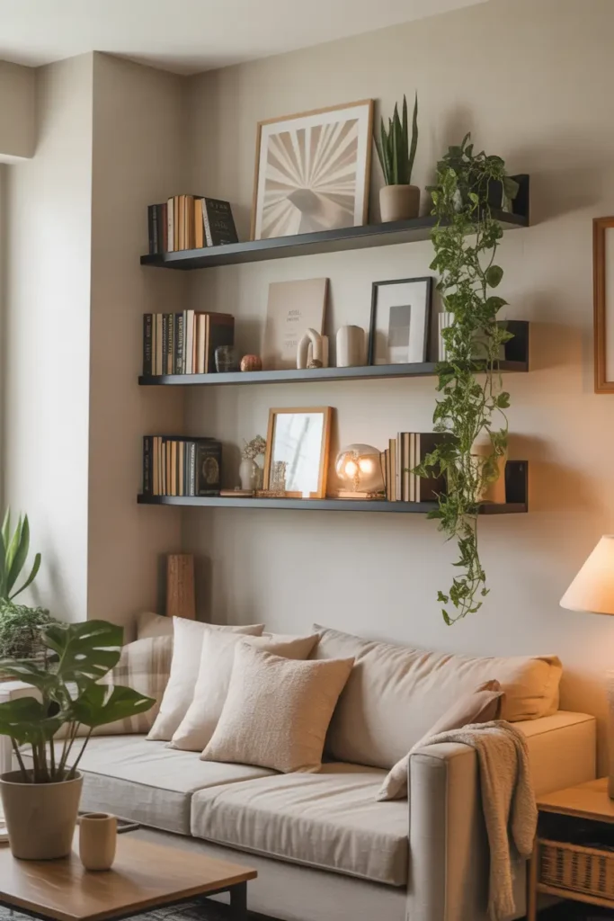 Small living room wall with floating shelves styled with books, plants, and neutral decor pieces, soft natural lighting, warm wood textures, minimalist apartment styling, cozy Pinterest interior photography emphasizing vertical space and airy design.