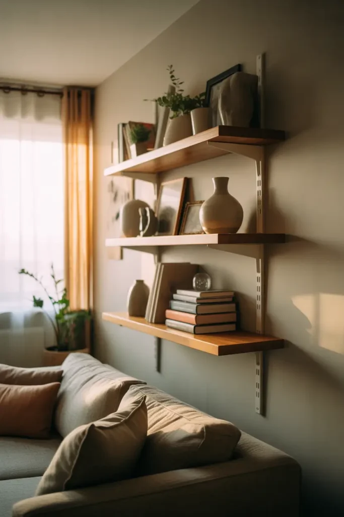 small apartment living room featuring floating wooden shelves mounted on a soft neutral wall, styled with minimal decor, ceramic vases, stacked books, small plants, warm natural lighting coming through sheer curtains, cozy sofa below, textured rug, calm Scandinavian-inspired atmosphere, realistic interior photography with soft shadows and balanced composition, warm beige and cream color palette, inviting and airy mood emphasizing vertical space styling.