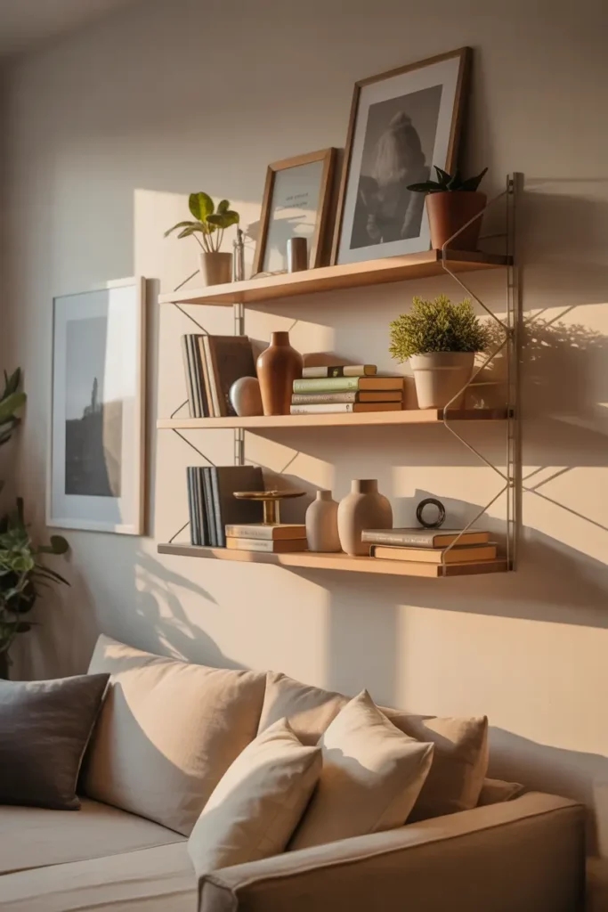 Small apartment wall with floating wood shelves holding tiny plants, stacked books, ceramic vases, framed prints, warm natural lighting, minimal furniture below shelf, neutral color palette, soft shadows across wall, cozy stylish apartment styling, Pinterest interior photography of small home decor setup