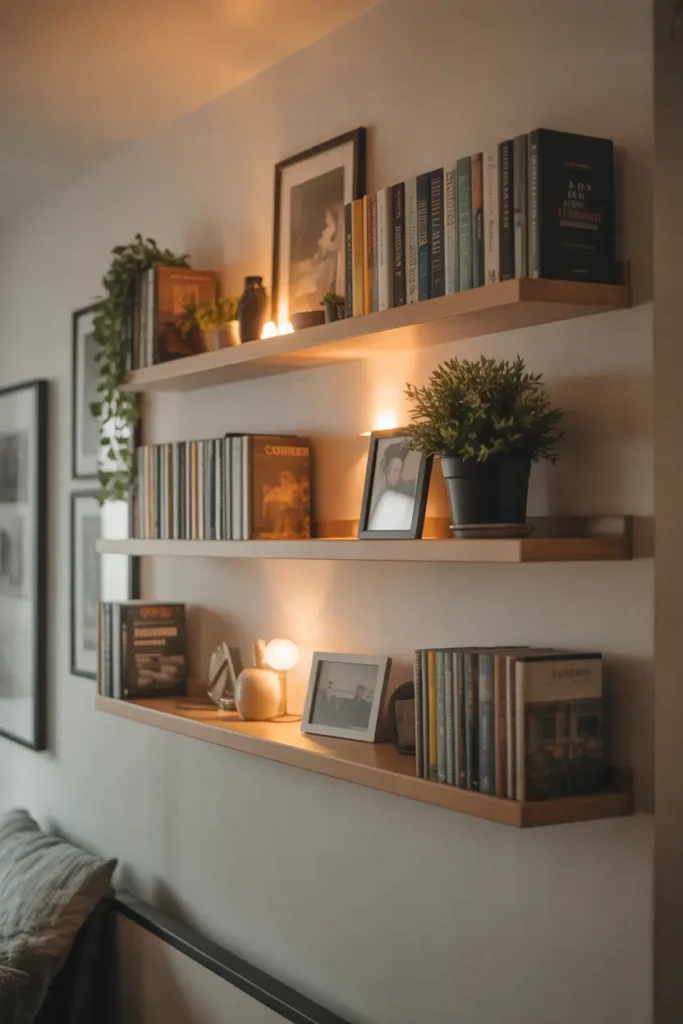 Modern apartment wall featuring floating wooden shelves styled with books, small indoor plants, framed photos, warm ambient lighting, neutral wall background, Pinterest style interior photography, cozy masculine decor aesthetic, balanced spacing between objects, realistic textures and shadows, minimal clutter, inviting apartment atmosphere with clean contemporary styling and soft warm tones.