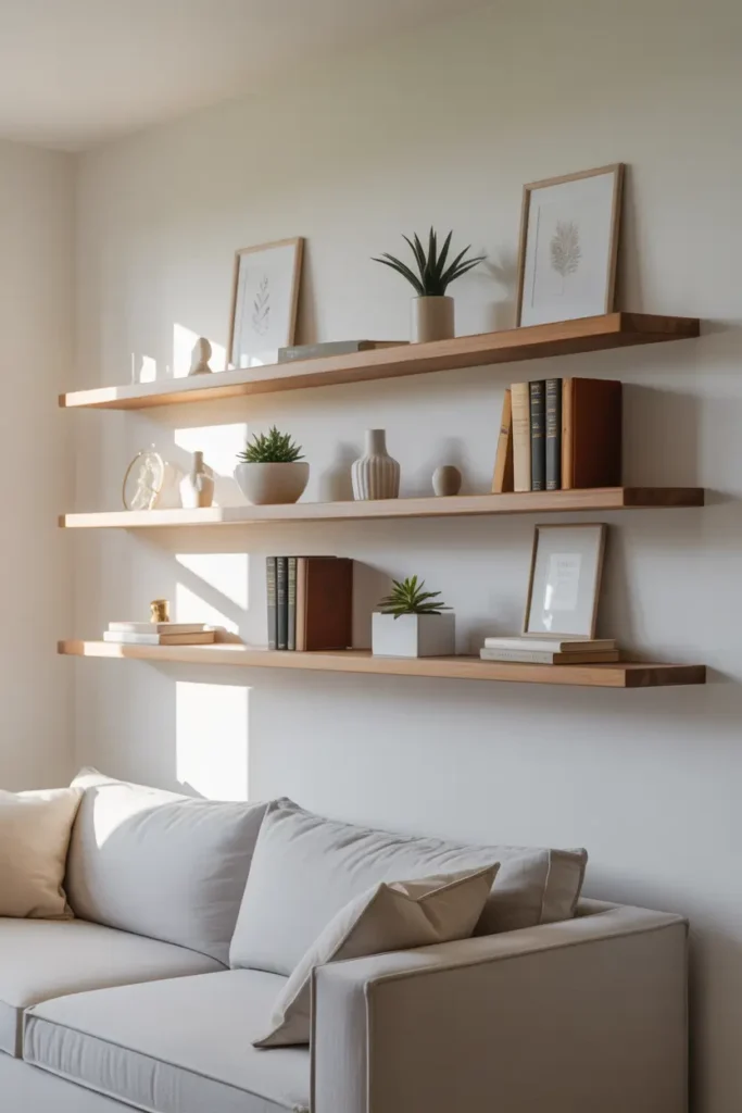 Cozy apartment living room wall with floating wooden shelves styled with small potted plants, neutral ceramic vases, stacked books, framed minimalist artwork, soft warm lighting, beige sofa beneath shelves with textured pillows, woven rug, bright natural window light, Pinterest-inspired apartment decor scene, relaxed feminine styling with airy wall decor and natural materials.