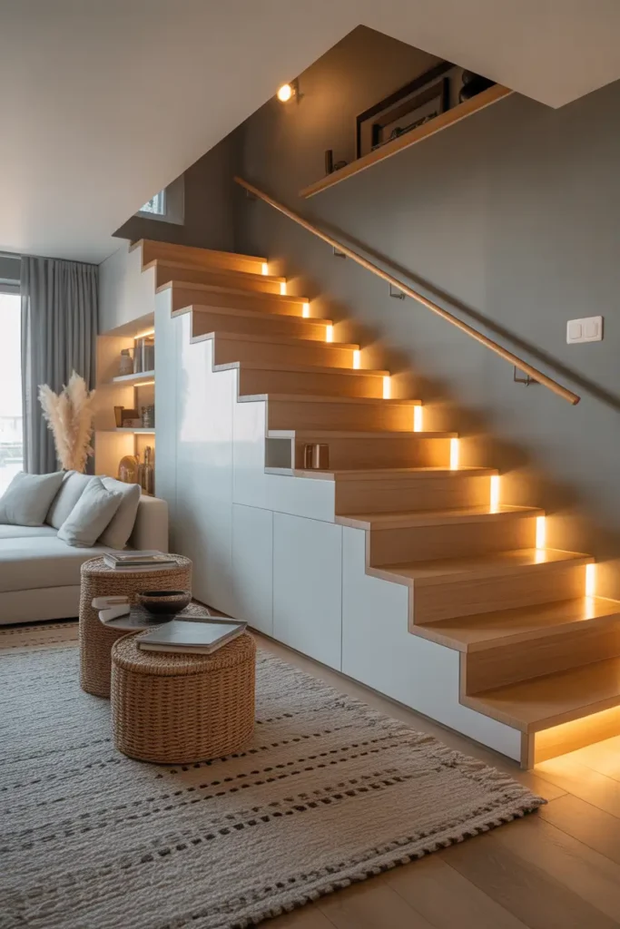 Stylish loft apartment with floating staircase and built-in storage beneath steps, light wood steps, hidden cabinets, soft neutral living room decor, textured rug, warm ambient lighting, modern cozy loft interior photographed in Pinterest style with natural daylight.