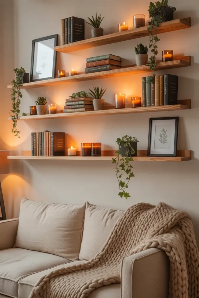 Cozy studio apartment wall with natural wood floating shelves, styled with small plants, books, candles, and framed prints, warm golden evening lighting casting soft shadows, light neutral wall background, compact sofa beneath shelves with textured blanket, Pinterest style interior decor, stylish small apartment storage solution, warm cozy atmosphere with decorative objects arranged neatly.