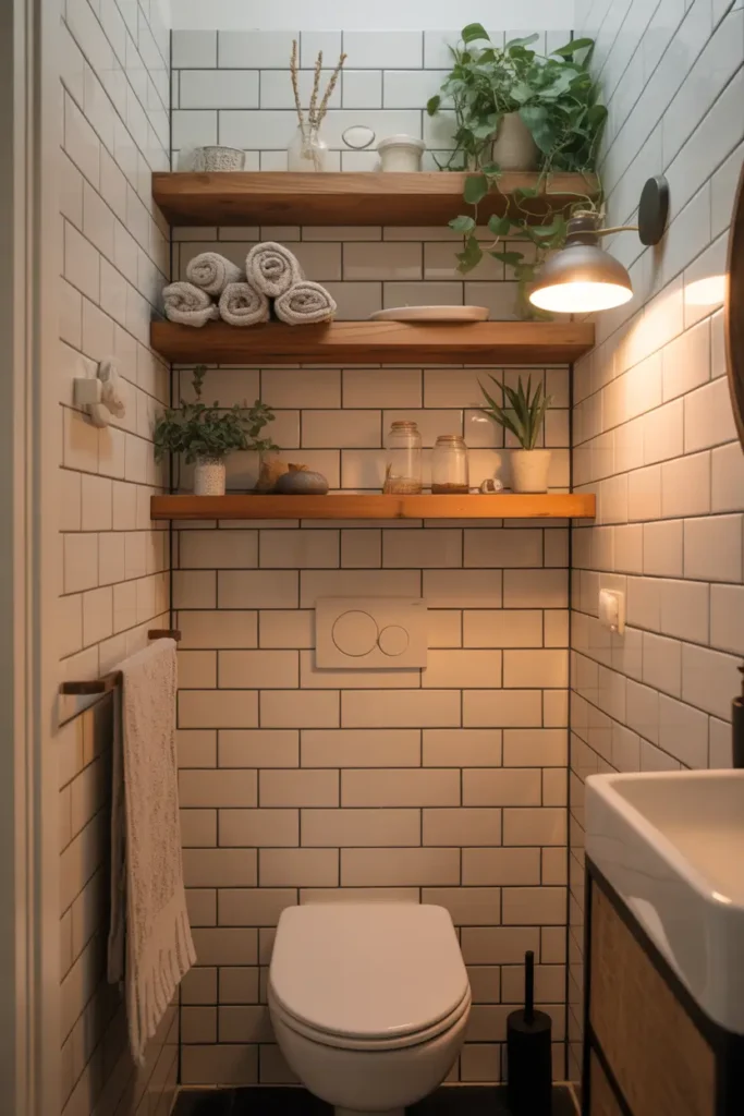 Realistic Pinterest-style apartment bathroom with small white tile walls and warm floating wooden shelves above a toilet. Shelves hold rolled neutral towels, small plants, glass jars, and simple decor pieces. Soft warm lighting from a wall sconce creates cozy shadows. Natural textures like wood, linen, and ceramic add warmth to a tiny apartment bathroom with calm neutral tones.