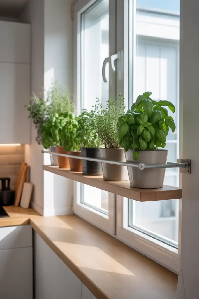 Modern apartment kitchen window with slim floating wooden shelf mounted across the frame holding several herb pots, basil, oregano, and thyme growing in simple ceramic containers, bright natural sunlight filling the space, white kitchen cabinets, light wood tones, Pinterest-inspired interior photography with cozy minimalist atmosphere.