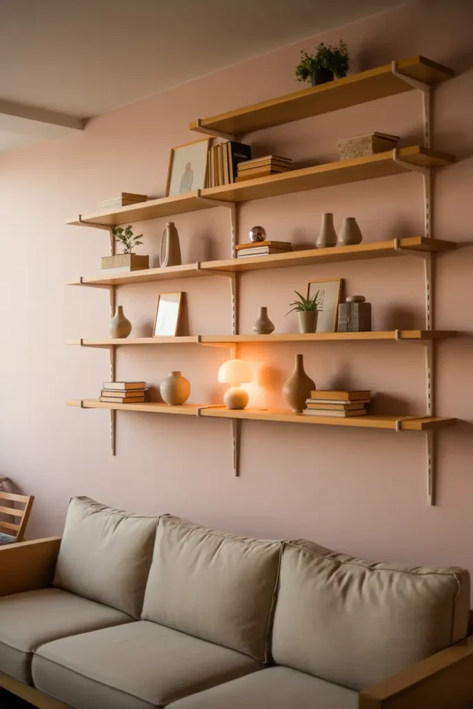 Pinterest style apartment wall decor scene with natural floating wooden shelves mounted on soft beige walls, small ceramic vases, stacked books, tiny plants, warm table lamp glow nearby, cozy neutral sofa under shelves, light wood furniture, soft evening lighting, minimal decor styling with warm textures and inviting apartment atmosphere.