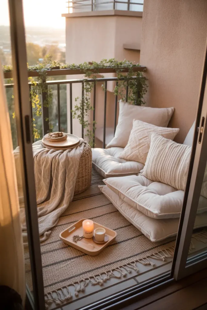 Tiny apartment balcony decorated with layered floor cushions, woven boho pillows, soft knit blanket draped casually, small wooden tray with candle and tea cup, warm golden sunlight falling across balcony floor, natural wood railing with climbing plants, cozy relaxed seating nook, soft textures and neutral tones, realistic Pinterest inspired balcony styling with calm and peaceful atmosphere