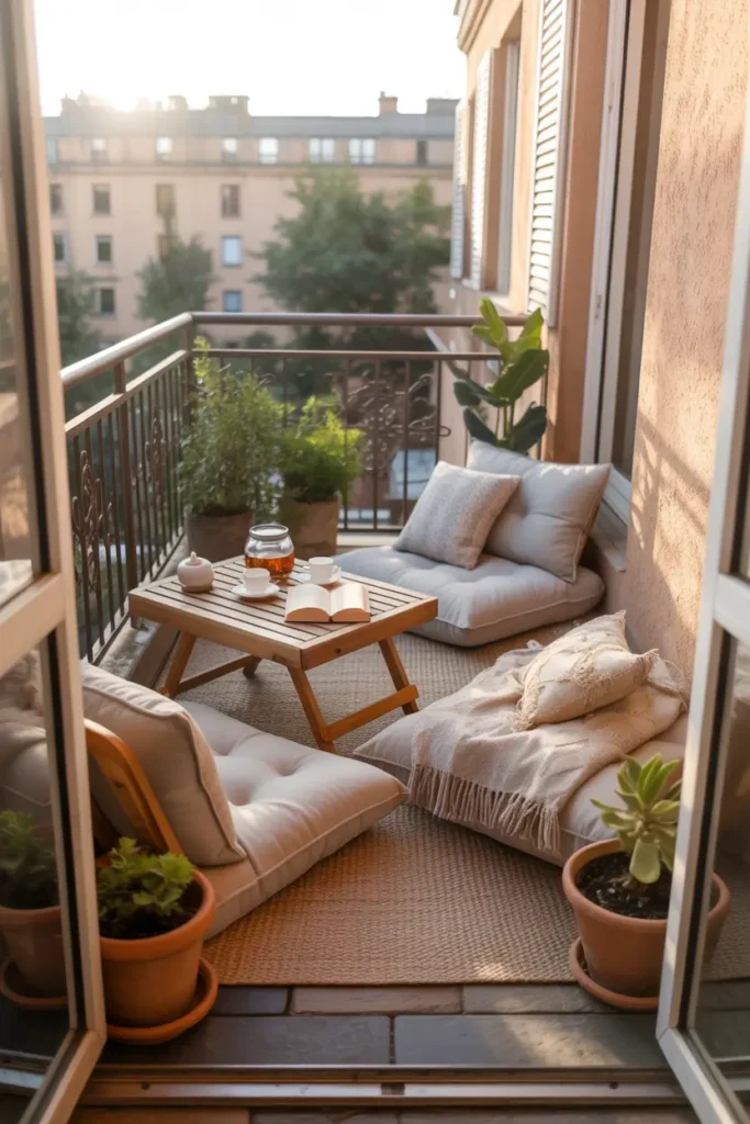 Tiny apartment balcony styled with layered floor cushions and soft throw blankets, low wooden tray table holding tea cups and book, textured outdoor rug beneath cushions, small potted plants placed around edges, warm golden sunlight creating relaxing peaceful Pinterest style small balcony lounge space.