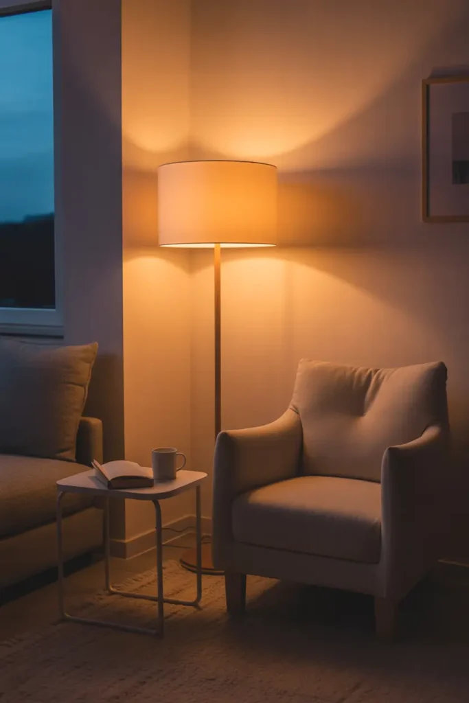 Cozy apartment corner with tall floor lamp casting warm golden light, soft beige armchair nearby, small side table with book and mug, neutral wall tones, textured rug under chair, evening atmosphere with gentle shadows, Pinterest style interior photography, warm cozy apartment lighting creating calm relaxing mood.