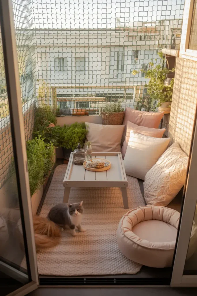 small apartment balcony with cozy floor seating for cat owner, secure mesh barrier around balcony, layered neutral floor cushions, low wooden tray table, soft washable rug, round cat bed in corner, golden sunlight, textured fabrics, soft cream and blush palette, potted herbs and trailing plants, peaceful apartment atmosphere, realistic feminine decor, tiny cozy outdoor nook, warm natural light, detailed textures, safe and stylish cat-friendly balcony scene, photo-real home styling