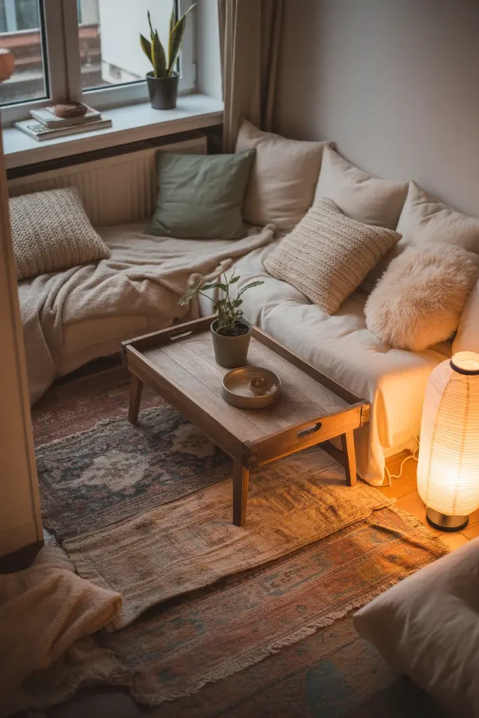 Small apartment floor seating area with soft cushions, layered rugs, low wooden tray table, cozy blankets, warm evening lamp light, relaxed poor apartment aesthetic, neutral tones, slightly messy comfortable styling, small plant beside window, Pinterest style cozy interior photography.