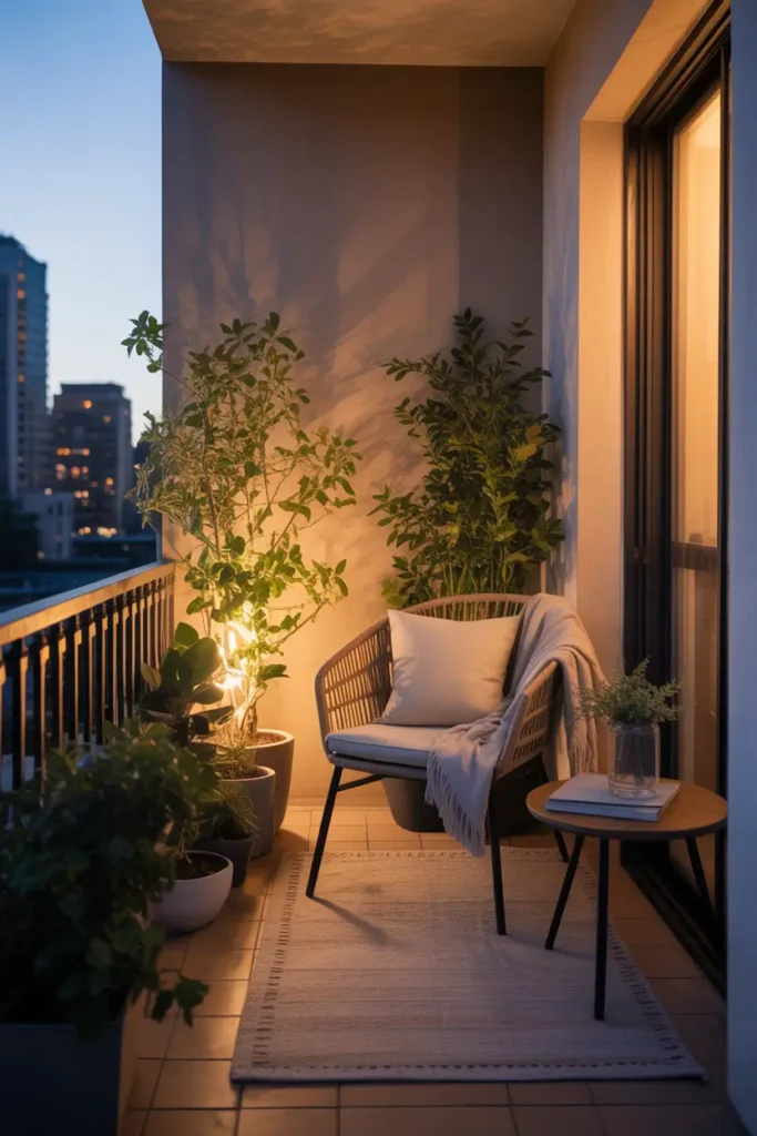 tiny apartment balcony with warm floor uplights shining up through leafy potted plants, soft shadows on neutral wall, compact woven chair with cream cushion, light throw blanket, small wood table, textured rug, elegant but cozy nighttime mood, realistic apartment balcony proportions, modern feminine decor, layered lighting, intimate city evening atmosphere, stylish greenery-focused outdoor nook with warm inviting detail
