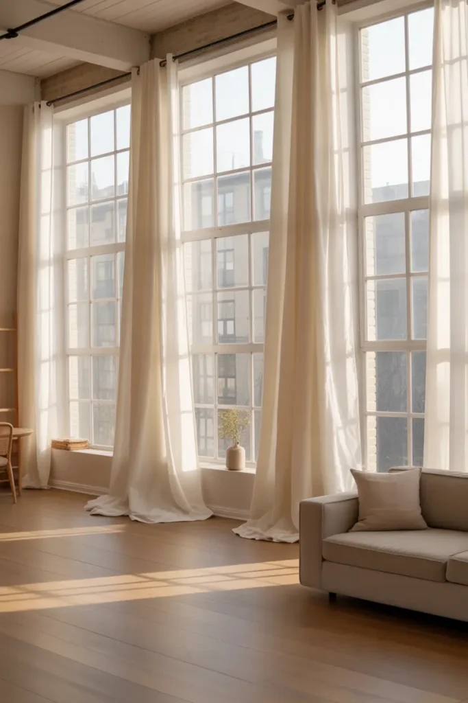Modern loft apartment with tall windows covered in long flowing curtains from ceiling to floor, soft white fabric catching sunlight, light wood flooring, minimal sofa, cozy neutral decor, open airy space, natural textures, Pinterest interior photography style, warm morning light filling the loft.