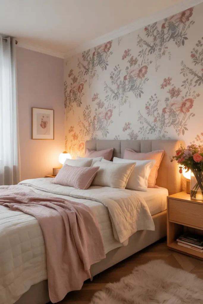 Feminine dream apartment bedroom corner with soft floral wallpaper accent wall behind bed, pastel flower patterns, cozy upholstered headboard, layered bedding in cream and pink tones, warm bedside lamp lighting, small framed art on wall, fluffy area rug, natural wood nightstand with vase of fresh flowers, romantic Pinterest style bedroom interior with delicate textures and cozy lighting.