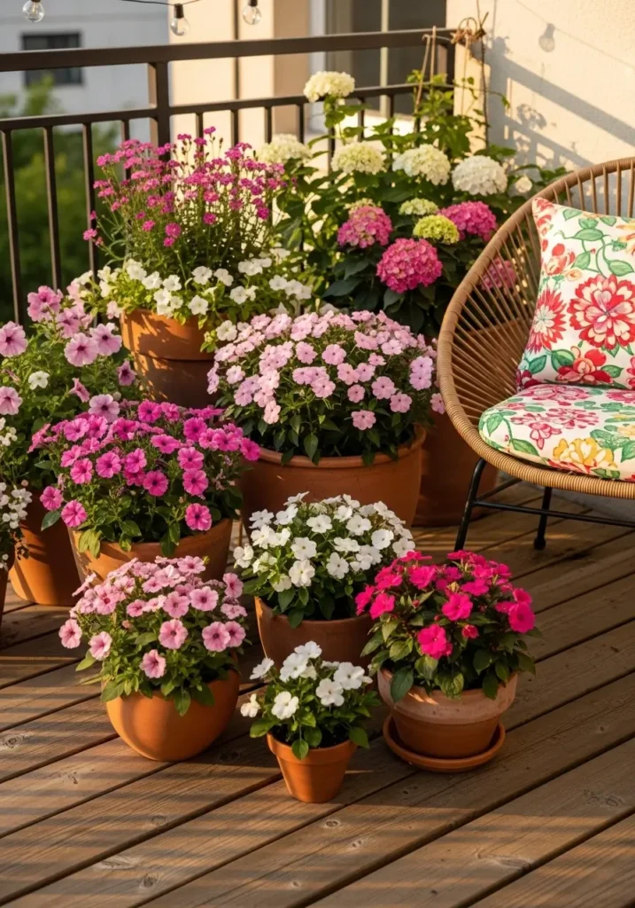 Apartment patio flower corner with colorful seasonal flowers in terracotta pots, soft pink and white blossoms, cozy outdoor chair nearby with floral cushion, warm evening sunlight, natural wooden deck, charming relaxed patio styling with soft romantic garden feeling perfect for Pinterest outdoor inspiration.