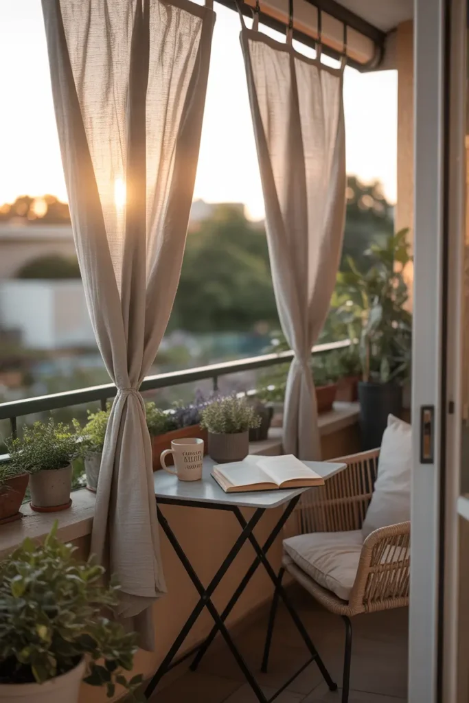 Cozy apartment balcony with flowing linen outdoor curtains tied softly to railing, warm evening sunlight filtering through light fabric, small bistro table with ceramic mug and book, woven chair with neutral cushion, potted plants around railing, warm soft tones, peaceful Pinterest style balcony setting with relaxed mood and natural light.