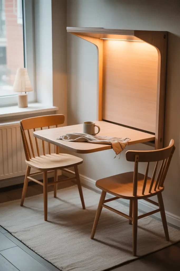Micro studio apartment with wall mounted fold down dining table made from light wood, two small chairs placed nearby, table styled with ceramic mug and linen napkin, soft natural daylight entering through window, cozy neutral rug under seating area, warm apartment interior lighting creating practical tiny dining corner for Pinterest home decor inspiration.