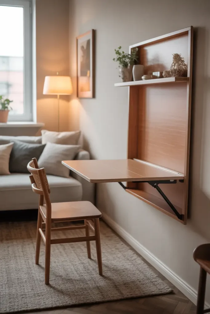 Small loft apartment with wall mounted fold down table, wooden panel table opened with chair placed nearby, soft natural lighting, minimal decor, textured rug, cozy sofa in background, neutral walls, Pinterest style tiny apartment interior photography showing multifunctional furniture in calm inviting atmosphere.