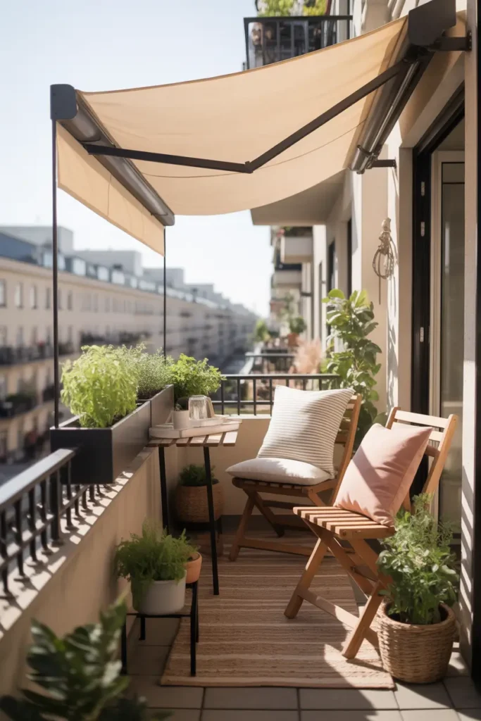 apartment balcony with foldable canvas shade extended overhead in warm cream tone, tiny balcony with wooden chair, striped neutral cushions, small side table, potted herbs and leafy plants, textured outdoor rug, soft filtered daylight, realistic apartment railing and city setting, cozy feminine styling, warm layered textures, calm inviting atmosphere, practical small-space balcony with soft shadows and natural materials, peaceful and stylish outdoor scene