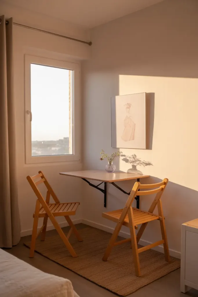 Small studio apartment dining nook with foldable wall mounted table, two simple wooden chairs, warm morning sunlight through nearby window, light neutral walls, cozy woven rug under table, small vase with flowers, minimalist feminine decor styling, compact living solution with soft textures and bright natural lighting creating inviting small apartment dining area.