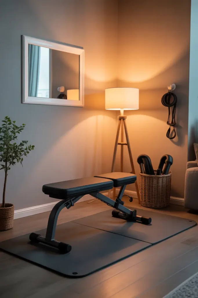 small apartment fitness corner with foldable workout bench and compact equipment neatly arranged against neutral wall, soft rubber mat on wooden flooring, warm lamp lighting creating cozy evening workout mood, minimal modern apartment decor, plant in corner and woven basket storing resistance bands, Pinterest style realistic interior photo with stylish compact home gym feeling.