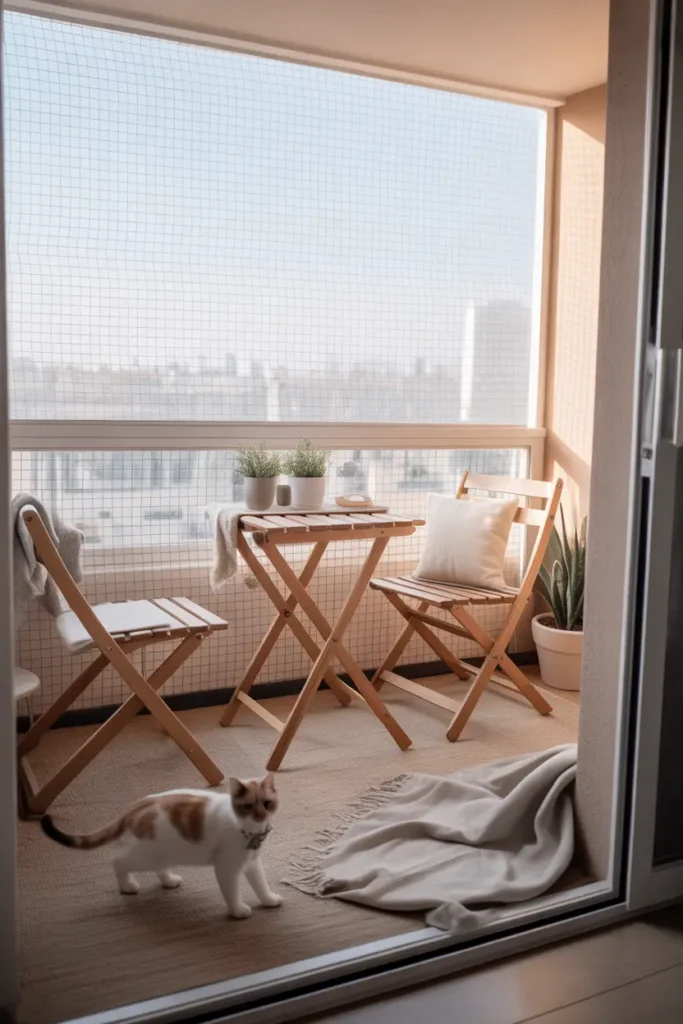 cat proof apartment balcony with secure clear mesh enclosure, foldable wooden chair and table, soft neutral floor mat, light throw blanket, minimal planters, bright natural light, airy feminine styling, realistic materials and textures, clean uncluttered small balcony design, calm pet-friendly atmosphere, open safe walking space for cat, polished apartment decor, warm soft shadows, cozy Pinterest-style home photography with practical elegant layout