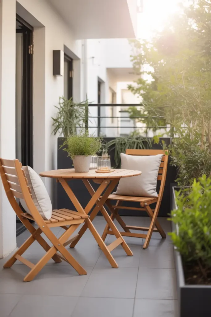 Small modern apartment patio featuring light wood folding chairs and foldable round table, cozy neutral cushions, potted greenery around edges, bright afternoon sunlight creating warm glow, clean airy layout showing smart small space patio styling, Pinterest inspired minimal outdoor living scene.