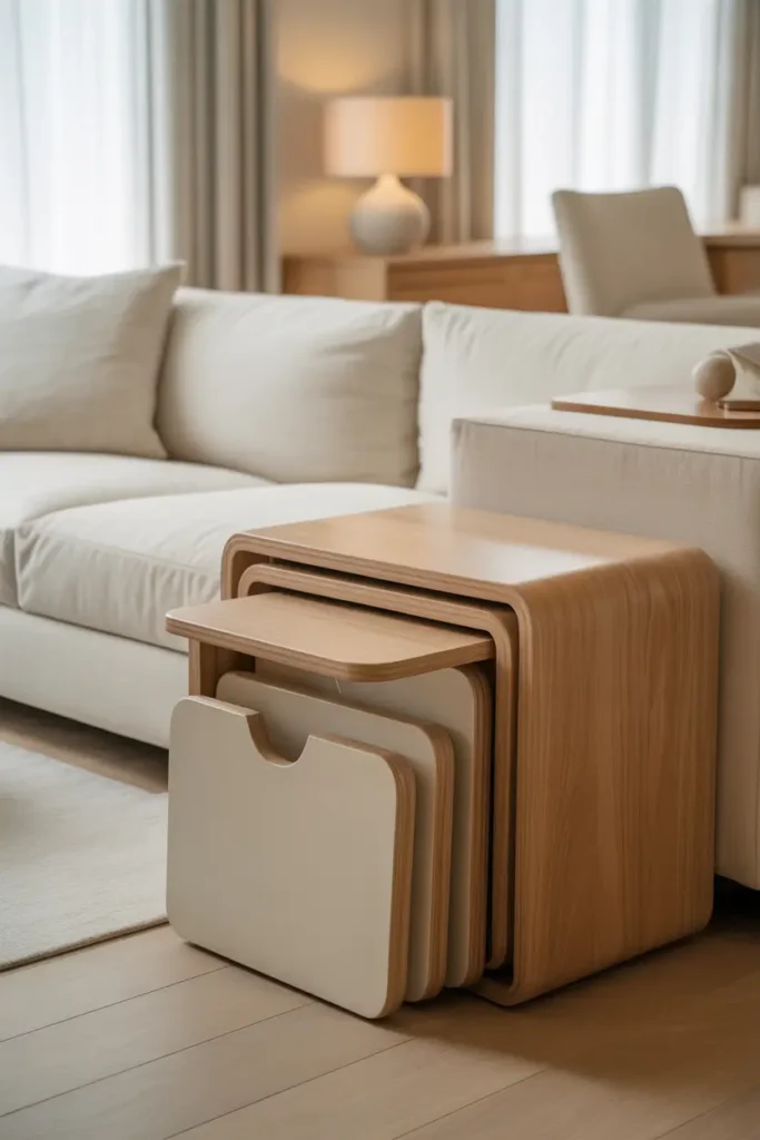 small apartment living room featuring foldable wooden side tables beside a cozy neutral sofa, soft daylight entering through sheer curtains, warm textured rug, minimal decor styling, airy layout showing open floor space, Scandinavian-inspired tones, realistic interior photography with balanced composition, natural materials, cozy atmosphere emphasizing adaptable furniture in compact living environment.