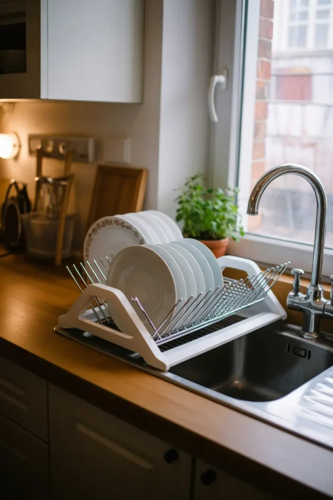 Small apartment kitchen counter with foldable dish drying rack beside sink, white ceramic dishes stacked neatly, warm wood countertop, soft window light illuminating space, small potted herb plant nearby, cozy minimalist kitchen styling, Pinterest aesthetic with clean textures and relaxed homey mood.