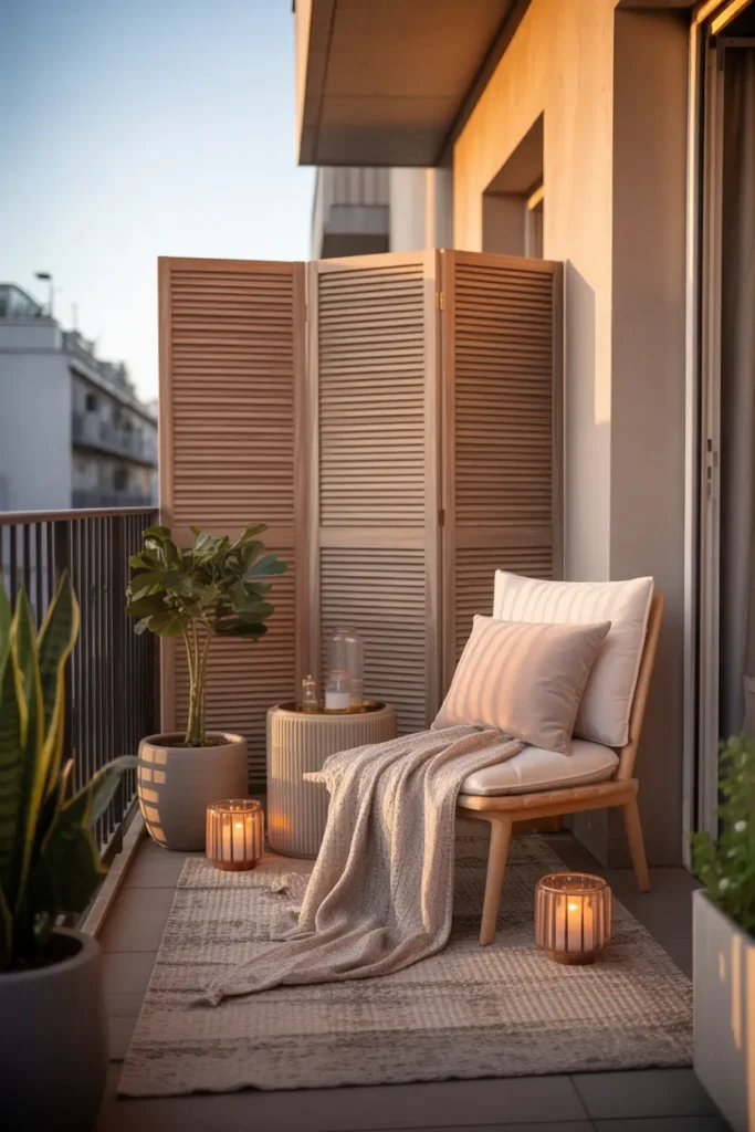 apartment balcony with a foldable wooden privacy screen in light oak tone, soft beige lounge chair, knit throw, ceramic planter with leafy plant, small candle lanterns, textured outdoor rug, sunset light casting warm shadows, feminine cozy styling, soft neutral palette, compact city balcony with intimate layered decor, natural materials, peaceful home life mood, realistic details and balanced lighting for a polished interior-inspired outdoor scene