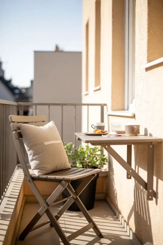 Small apartment balcony with wall mounted foldable table, one slim chair with soft linen cushion, small breakfast setting with coffee cup and plate, bright morning sunlight, clean neutral tones, potted plant near railing, light wood textures, realistic Pinterest style balcony photography, cozy apartment atmosphere, soft shadows, airy and stylish small outdoor setup with practical elegant details