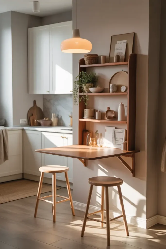 Realistic Pinterest-style apartment kitchen with a foldable wooden wall shelf used as a tiny dining table, mounted against a light neutral wall, two simple stools nearby, soft warm pendant light above, white cabinets and marble countertop in background, cozy apartment styling with linen textures, gentle natural sunlight from a window creating a calm and inviting small kitchen dining nook.
