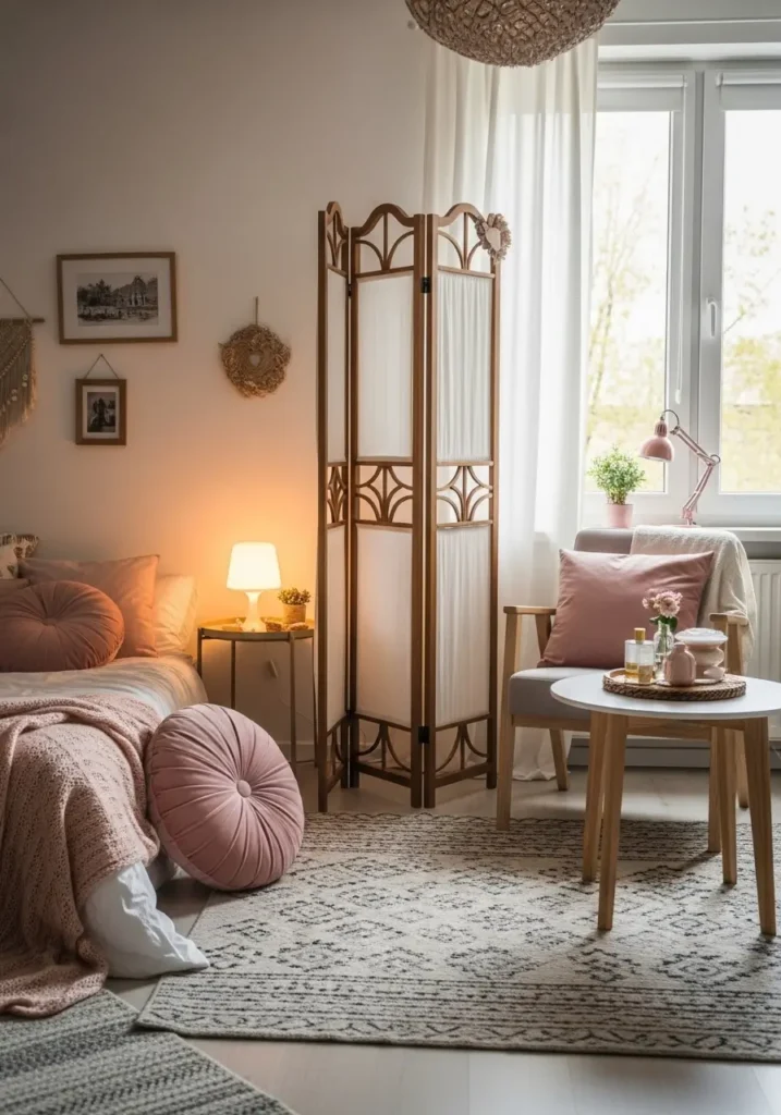 Modern studio apartment with vertical wood slat divider separating sleeping area from living room, warm oak tones, cozy neutral sofa, soft beige bedding, woven rug, floor lamp casting soft glow, minimal decor, natural light entering through large windows, Pinterest inspired interior styling with warm textures and relaxed modern atmosphere.

