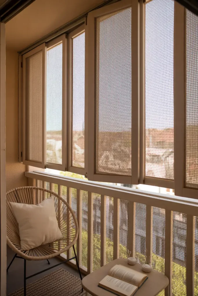 Small apartment balcony with folding screen panels arranged along railing, textured mesh framed in slim wooden panels, cozy woven chair with cream pillow, small rug and side table with book, bright afternoon light filtering through screen pattern, warm and comfortable Pinterest-style balcony scene.