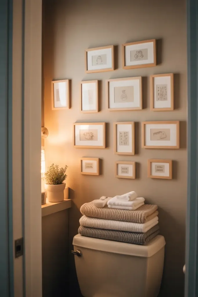 Apartment bathroom wall decorated with small framed art prints above a toilet area. Neutral artwork with simple line drawings sits in light wooden frames. Soft wall lighting highlights artwork while folded towels and small plant sit nearby on a shelf. Pinterest-style bathroom decor with calm cozy atmosphere.