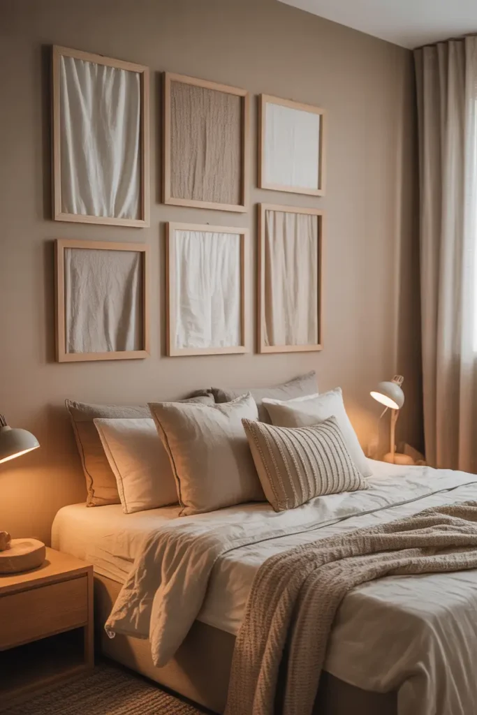 Pinterest style apartment bedroom wall featuring framed fabric panels arranged in soft symmetrical layout, linen and cotton textiles inside simple wooden frames, neutral beige wall, cozy bed with textured blanket and layered pillows, warm bedside lamp lighting, soft natural daylight through sheer curtains, calm relaxing apartment interior with warm textures and inviting atmosphere.