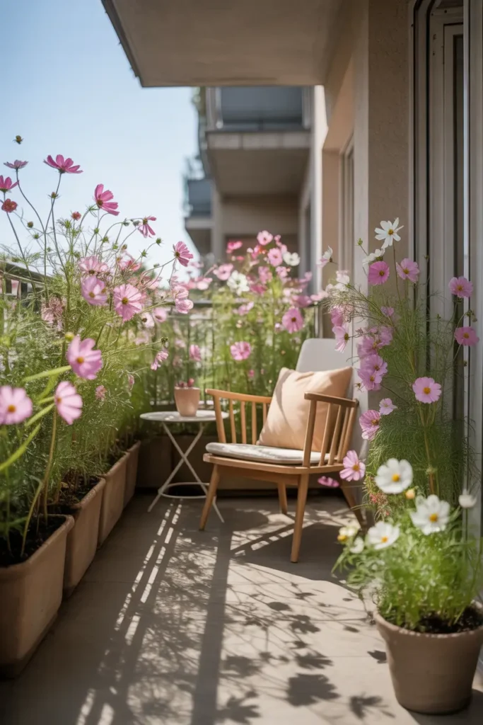 Airy apartment balcony filled with cosmos flowers in pink and white shades growing from tall clay pots near railing, cozy wooden chair with pale cushion placed beside small side table, sunlight shining through delicate petals creating soft shadows on balcony floor, light breeze moving slender stems, dreamy Pinterest style balcony garden atmosphere.